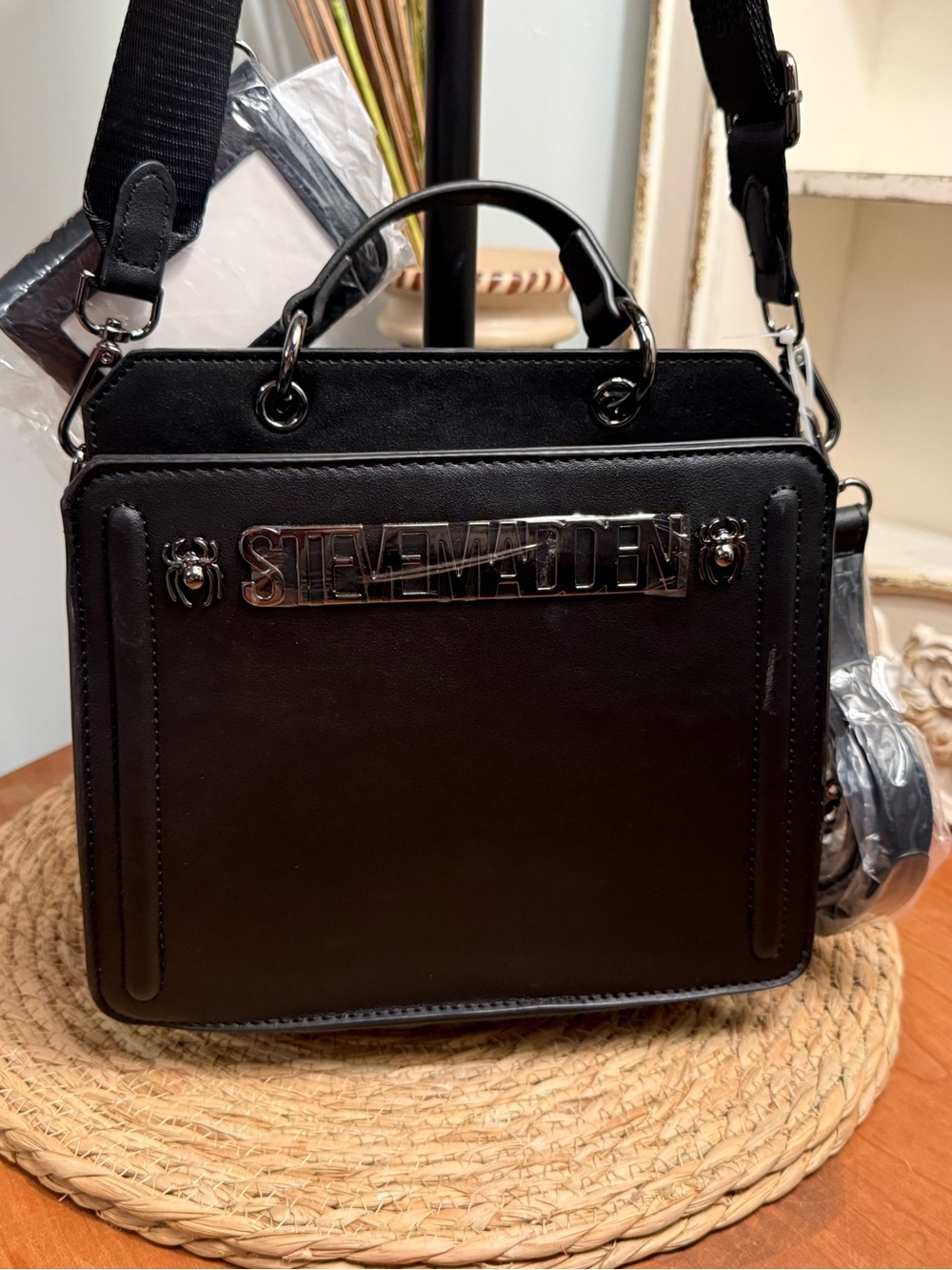 NWT Steve Madden Black Spider Satchel Bag w/ Shoulder Strap